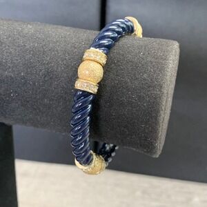Navy Blue Twisted Cable Stretch Bracelet Gold Tone Textured Rhinestone Beads